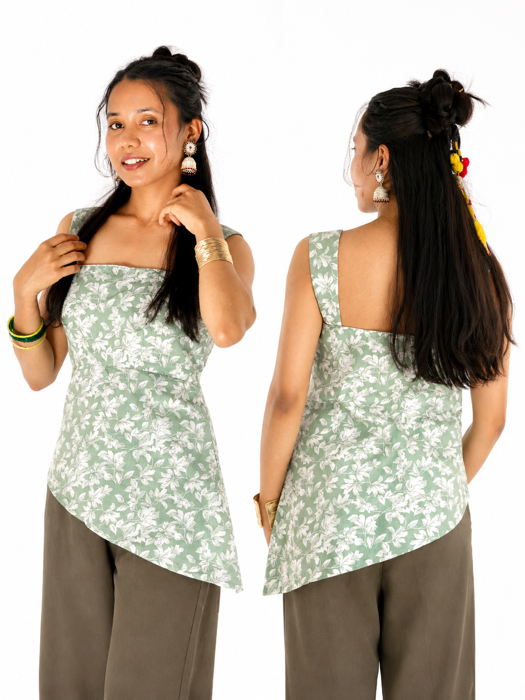 Leafy Asymmetric Tunic Short Kurthi Top