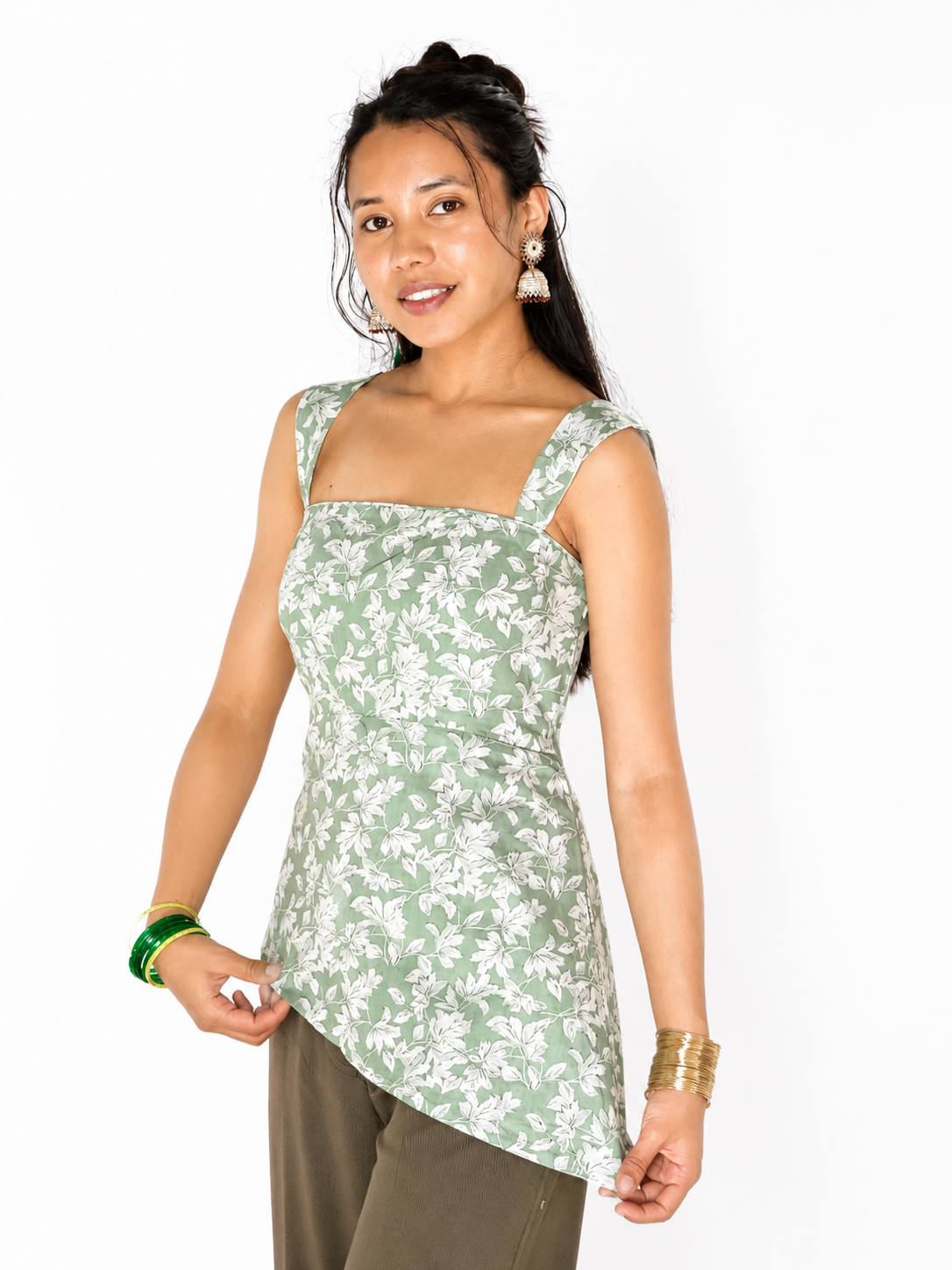 Leafy Asymmetric Tunic Short Kurthi Top